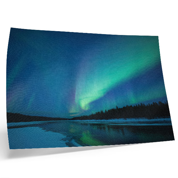 Plakat do salonu Zorza polarna nad zamarzniętym jeziorem nocą