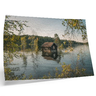 Plakat do salonu Jezioro chatka z lasem odbicie wody spokój