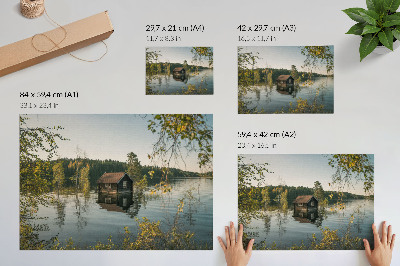 Plakat do salonu Jezioro chatka z lasem odbicie wody spokój