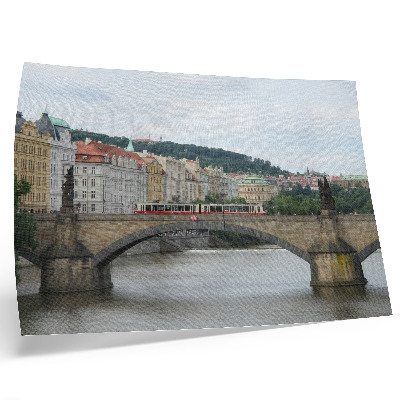 Plakat Most nad rzeką z tramwajem, otoczony klasyczną architekturą