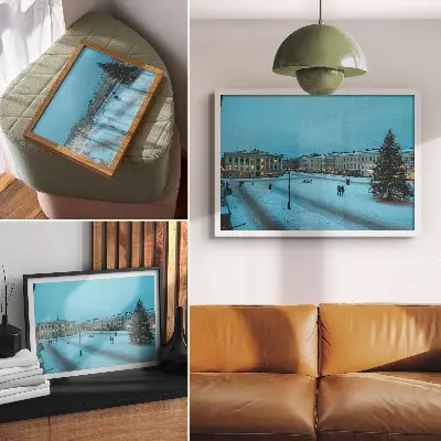 Grafika na ścianę zimowy pejzaż z klasyczną architekturą w świątecznym klimacie