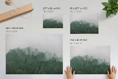 Grafika na ścianę mglista panorama lasu w odcieniach zieleni i szarości