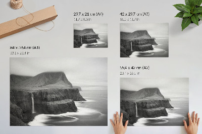 Plakat Spokojny pejzaż z wodospadem i górami