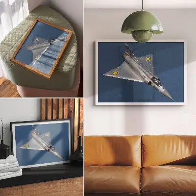 Nowoczesny plakat dekoracyjny z motywem wojskowego odrzutowca w dynamicznym locie