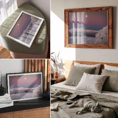 Plakat ośnieżone góry i pastelowy różowy księżyc