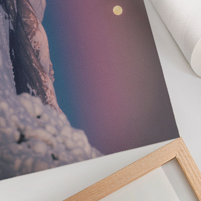 Plakat Ośnieżone góry pastelowy różowy księżyc