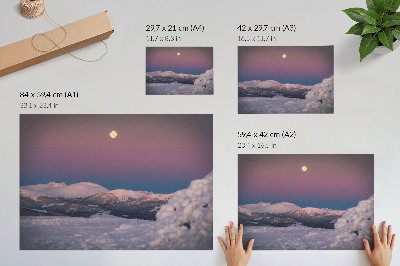 Plakat Ośnieżone góry pastelowy różowy księżyc