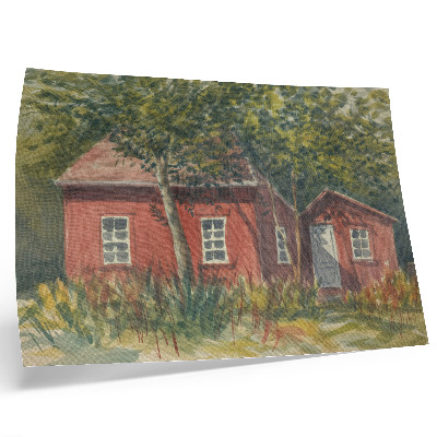 Grafika na ścianę Domek drewniany drzewa bogata zieleń sielskość