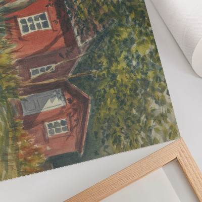 Grafika na ścianę Domek drewniany drzewa bogata zieleń sielskość
