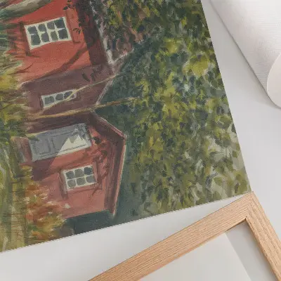 Grafika na ścianę drewniany domek wśród drzew w bogatej zieleni w sielskim stylu