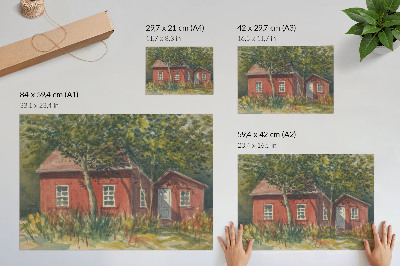 Grafika na ścianę Domek drewniany drzewa bogata zieleń sielskość