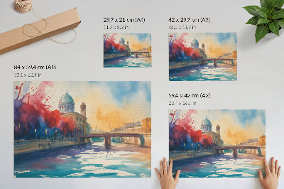 Plakat Miejska akwarela most kopuła woda odbicia