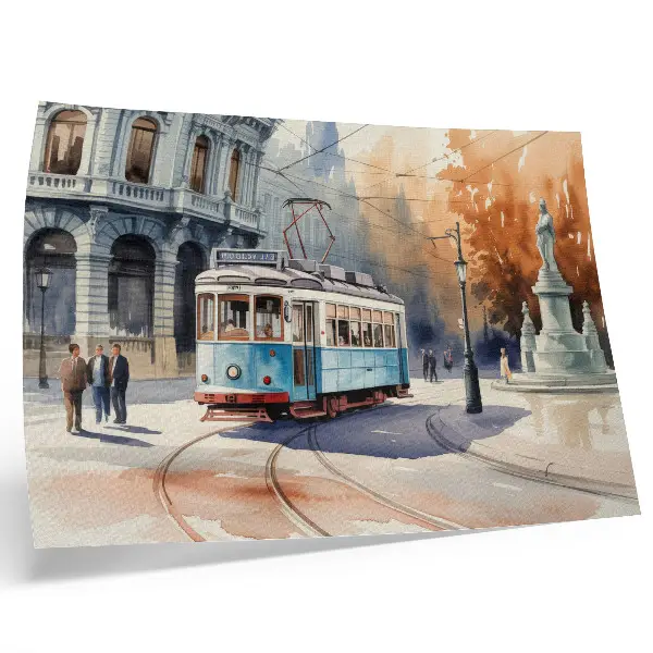 Nowoczesny plakat dekoracyjny przedstawiający akwarelową grafikę zabytkowego tramwaju miejskiego