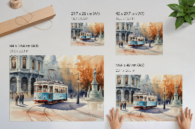 Nowoczesny plakat dekoracyjny Zabytkowy tramwaj miejski akwarela elegancja