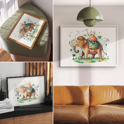 Plakat do salonu z motywem kota na mamucie w stylu fantastycznej przyrody i magii