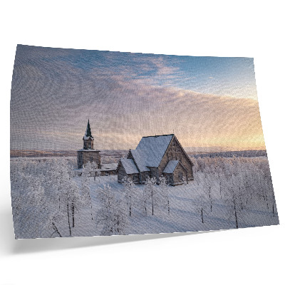 Plakat Spokojny zimowy pejzaż z drewnianym kościołem