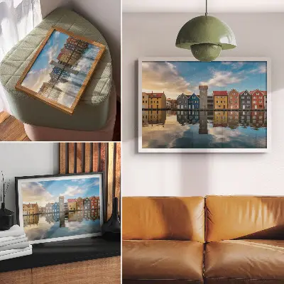 Plakat kolorowe domy nad wodą z motywem architektury
