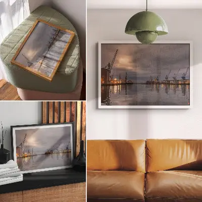 Plakat do salonu klimatyczny port z żurawiami i odbiciami w wodzie