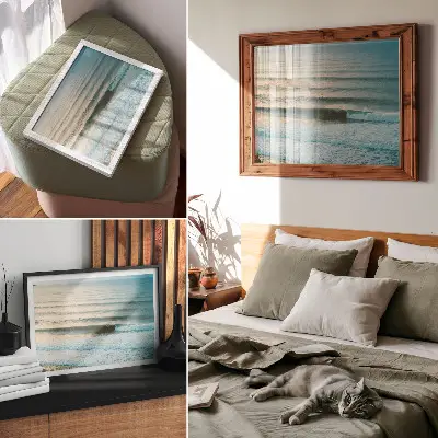 Nowoczesny plakat dekoracyjny spokojne fale oceanu z horyzontem i surferami