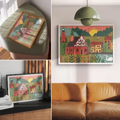 Plakat do salonu z motywem kolorowych domów, gór, jelenia i łabędzia w zielonej scenerii krajobrazu
