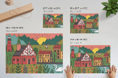 Plakat do salonu Kolorowe domy góry jeleń łabędź zieleń krajobraz