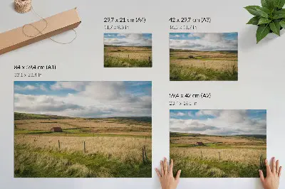 Plakat malowniczy krajobraz z chatką w otoczeniu przyrody