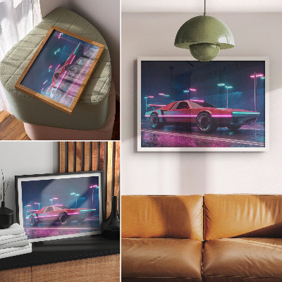 Grafika na ścianę Retro auto w neonowej scenerii miejskiej