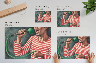 Plakat do salonu Czerwona koszulka w paski zielony mikrofon