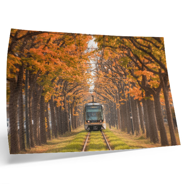 Nowoczesny plakat dekoracyjny Jesienny tunel z tramwajem pośrodku
