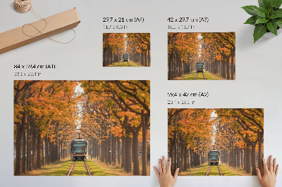 Nowoczesny plakat dekoracyjny Jesienny tunel z tramwajem pośrodku