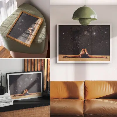 Plakat postać pod surrealistycznym gwiaździstym niebem