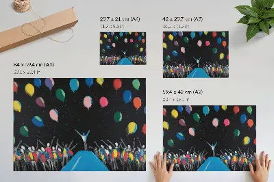Plakat kolorowe balony na tle czarnego nieba