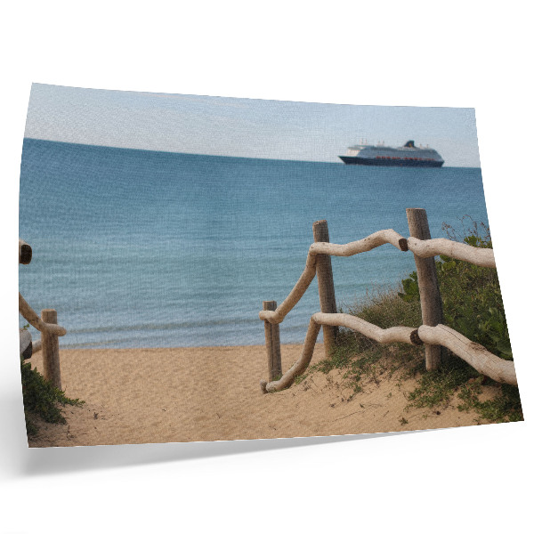Grafika na ścianę Plaża statek morze drewniane barierki piasek
