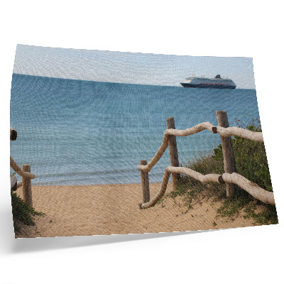 Grafika na ścianę Plaża statek morze drewniane barierki piasek