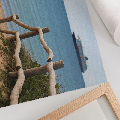 Grafika na ścianę Plaża statek morze drewniane barierki piasek