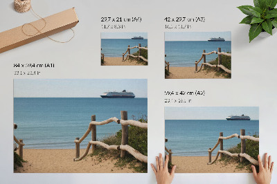 Grafika na ścianę Plaża statek morze drewniane barierki piasek