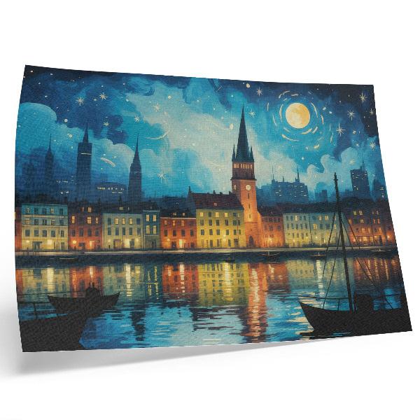Wydruk na płótnie Nocne miasto odbicia woda blask lamp