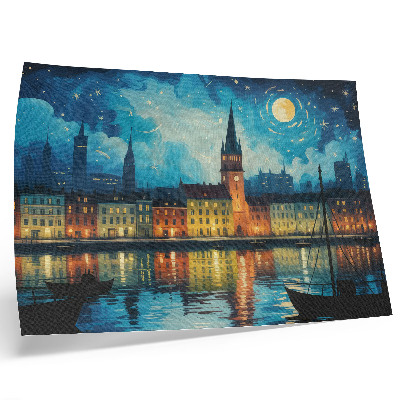 Wydruk na płótnie Nocne miasto odbicia woda blask lamp