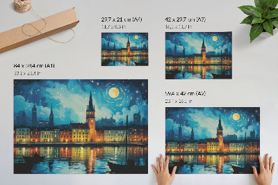 Wydruk na płótnie Nocne miasto odbicia woda blask lamp