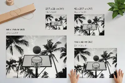 Plakat koszykarski kosz na tle palm w czerni i bieli