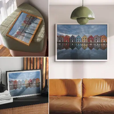 Plakat kolorowe domki w nowoczesnym stylu z motywem symetrii