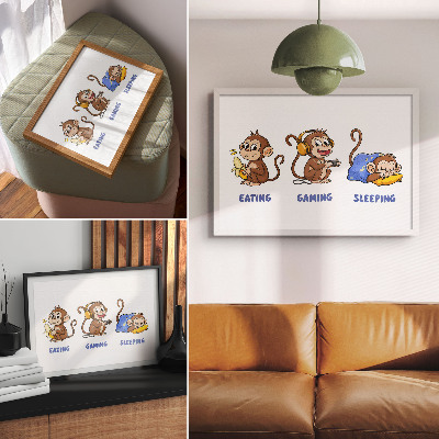 Plakat Zabawne ilustracje małpka jedzenie granie spanie