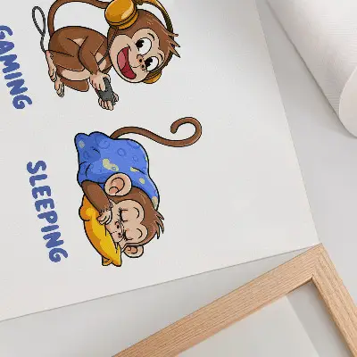 Plakat zabawne ilustracje z małpką jedzącą, grającą i śpiącą