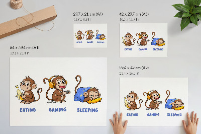 Plakat Zabawne ilustracje małpka jedzenie granie spanie