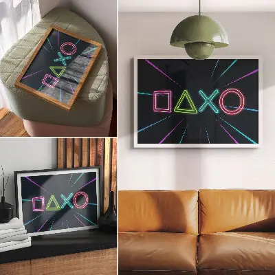 Plakat z motywem neonowych kształtów w dynamicznych, futurystycznych kolorach