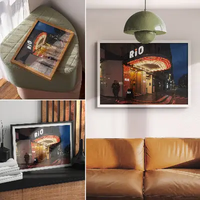 Grafika na ścianę kino w stylu retro z neonowymi światłami w kolorze czerwonym i kremowym