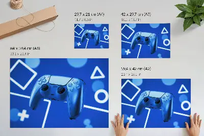 Plakat kontroler do gier na niebieskim geometrycznym tle