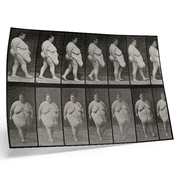 Plakat otyła kobieta idąca według fotografii Eadwearda Muybridge'a z 1887 roku