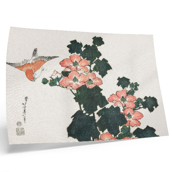 Plakat do salonu Czerwone róże i ptak Katsushiki Hokusai (1760–1849), japoński drzeworyt vintage