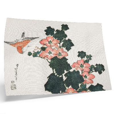 Plakat do salonu Czerwone róże i ptak Katsushiki Hokusai (1760–1849), japoński drzeworyt vintage